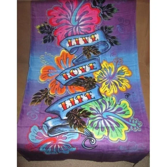 New Live Love Life Purple Blue Flower Bath Beach Pool Gift Happy Towel Hibiscus