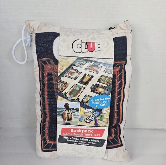 Hasbro Game CLUE Backpack Beach Towel Set With Tote Bag Bath Pool Park Kids NEW