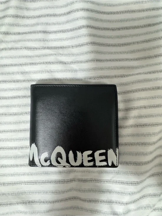 Alexander McQueen Black Leather Money Clip Wallet with White Graffiti Logo