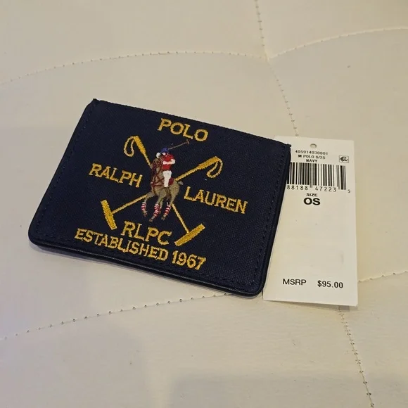 Ralph lauren polo navy blue canvas leather plaid wallet new mans $95 Embroidered