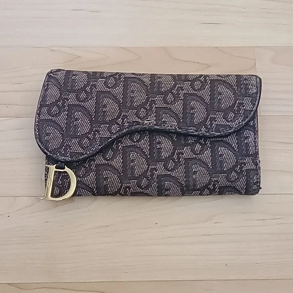Christian Dior CD Saddle Navy Blue GHW Logo Trifold Flap Long Wallet Authentic