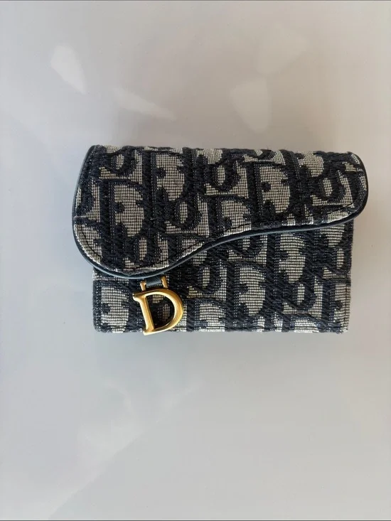 Dior Black and Navy Textile Card Holder with Gold Logo