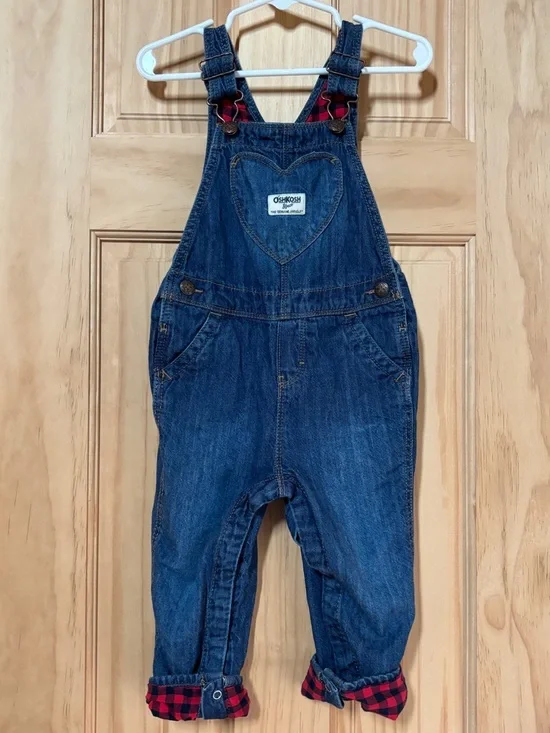 OshKosh B'gosh Denim Overalls with Heart Bib and Plaid Lining 24 Months