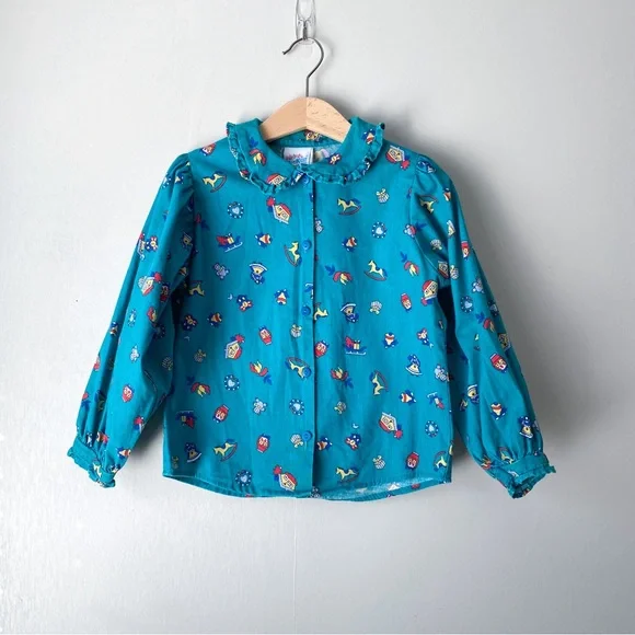 Vintage OshKosh B'Gosh Christmas Print Peter Pan Collar Button Down Shirt 5
