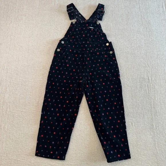 OshKosh Bgosh Black Corduroy Floral Heart Overalls Girls 6X Vestbak 90s EUC