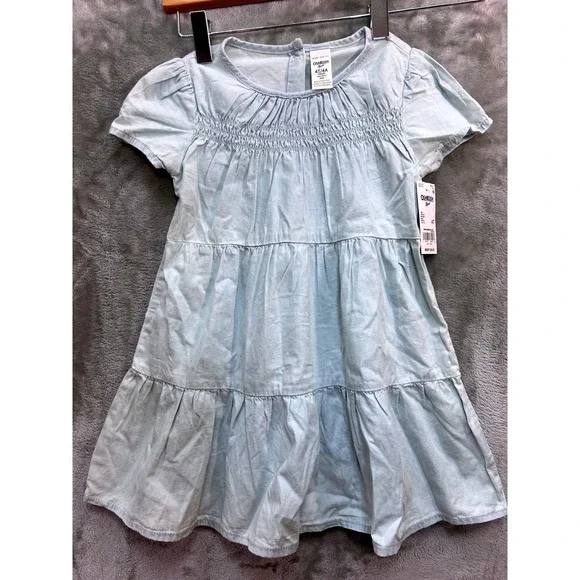 OshKosh Bgosh Toddler Girls Light Blue Tiered Smocked Chambray Dress 4T NEW