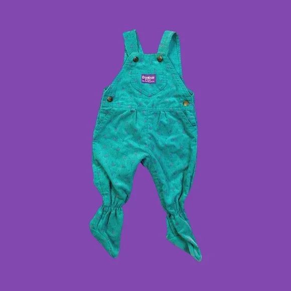 Vintage Oshkosh BGosh Teal Floral Corduroy Footie Overalls, Size 6-9 Months