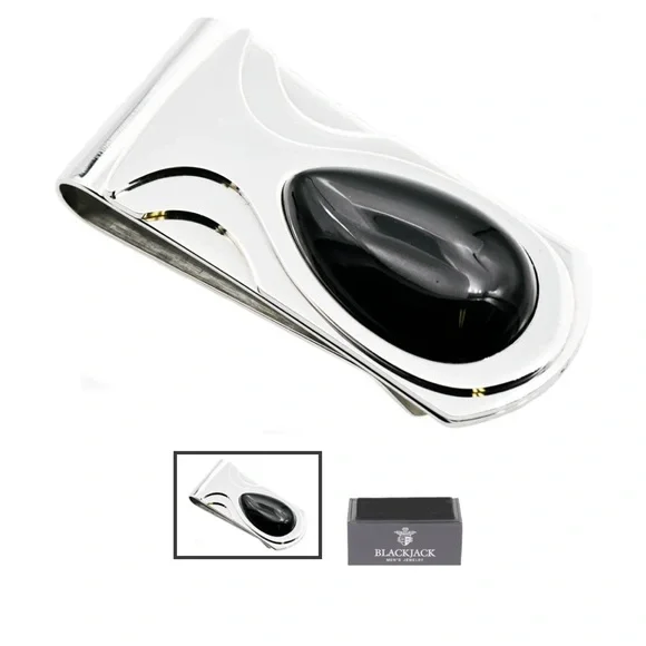 Mens Genuine Onyx Stainless Steel Money Clip