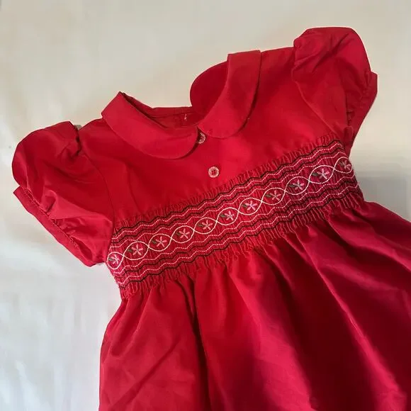OshKosh B'gosh Red Peter Pan Collar Holiday Christmas Floral Embroidered Dress