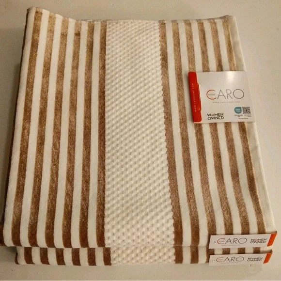💥2pc CARO HOME 100% Cotton Stripe Bath Towels - Cream/Gold