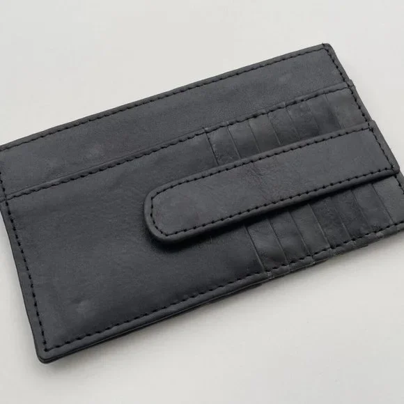 Long Card Holder Billfold Black Genuine Leather Wallet Handmade Coin Purse