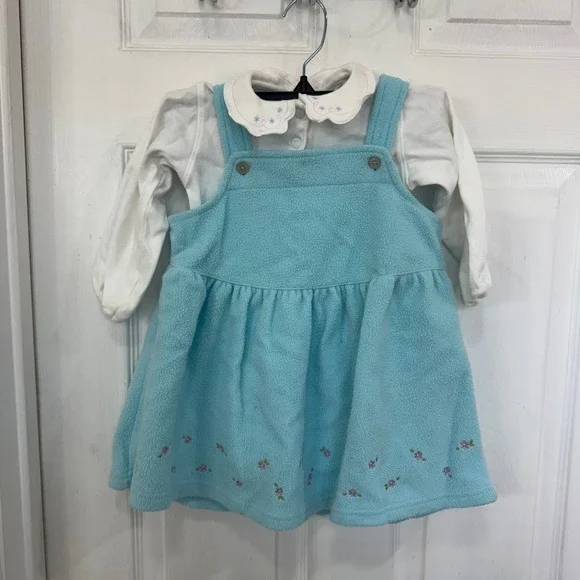 Vintage OshKosh B'Gosh Overall Dress Floral Baby Blue Ruffle Top Long Sleeve