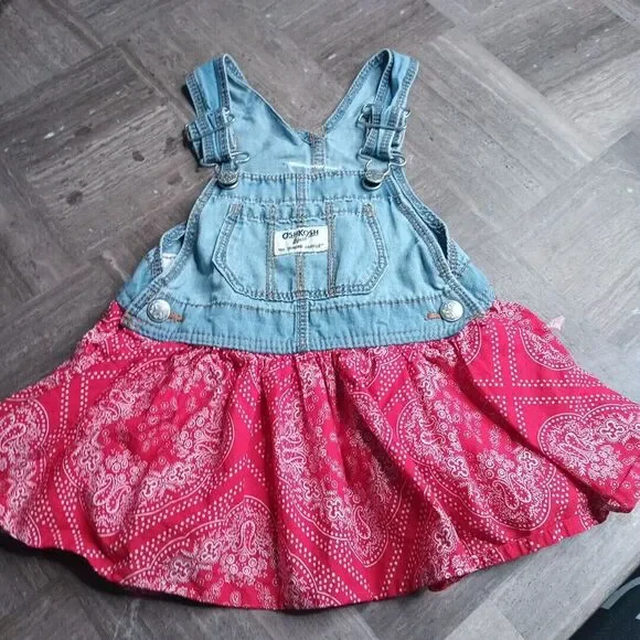 OshKosh B'gosh 12 Months Red White Bandana Jumper Dress‎ Overall Jeans Blue