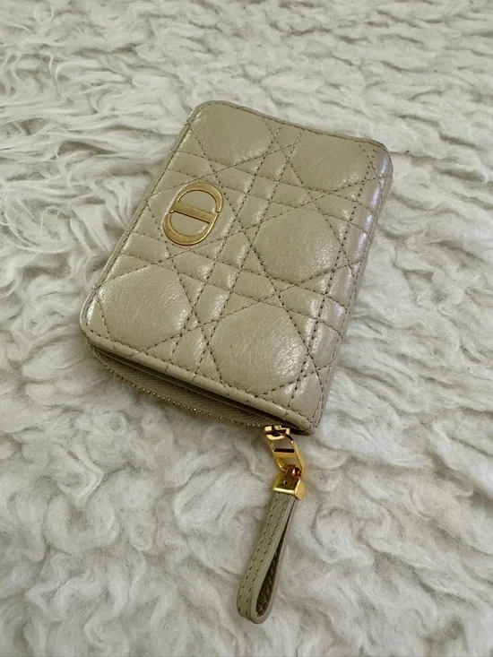 Dior Quilted Leather Zip Wallet in Light Beige with Gold Hardware