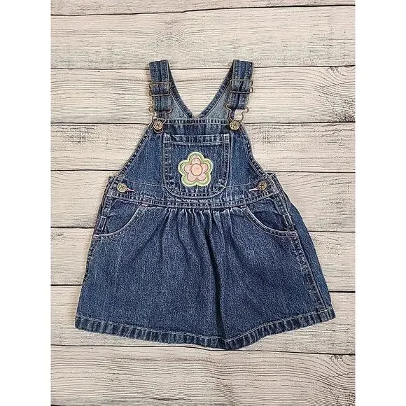OshKosh B'Gosh Vestbak Overall Dress Girls Size 18 Months Denim Floral Flower