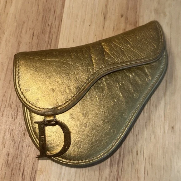 Christian Dior Gold ostrich Saddle-Shaped Pouch coin purse