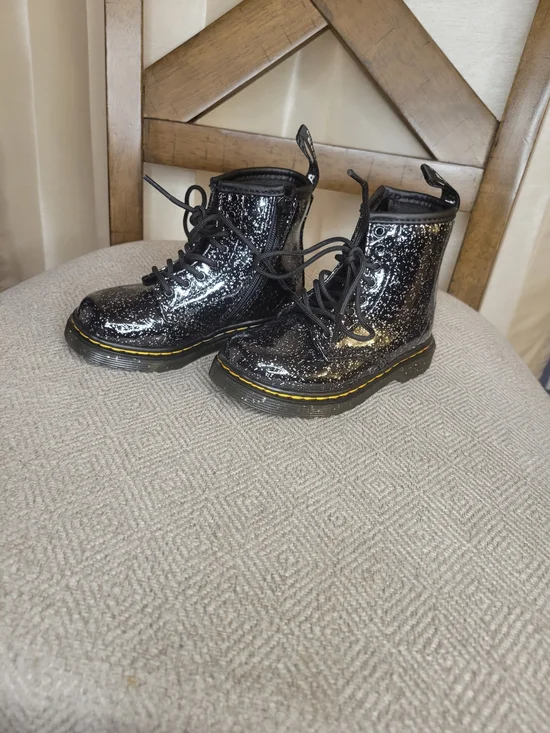 Doc Martens Boots. Black Glitter Lace-Up With Side Zipper.