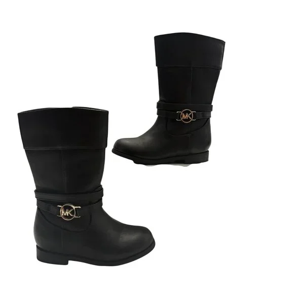 Michael Kors Girls Black Leather Logo Buckle Mid-Calf Boots Size 7