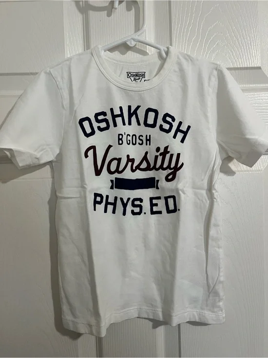 OshKosh B'gosh White Varsity Graphic Tee with Navy and Burgundy Text NWOT