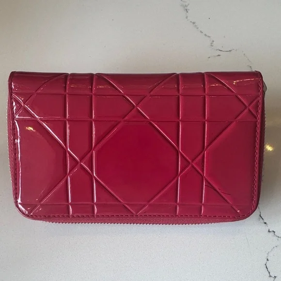 Dior Cannage Patent Leather Long Wallet Hot Pink Zip Clutch with Card