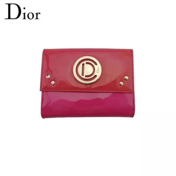 Dior W hook wallet D mark plate pink enamel leather Authentic Used