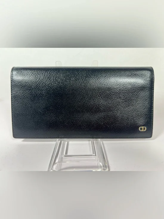 1200: Vintage Christian Dior CD Long Wallet Checkbook Holder Black Leather
