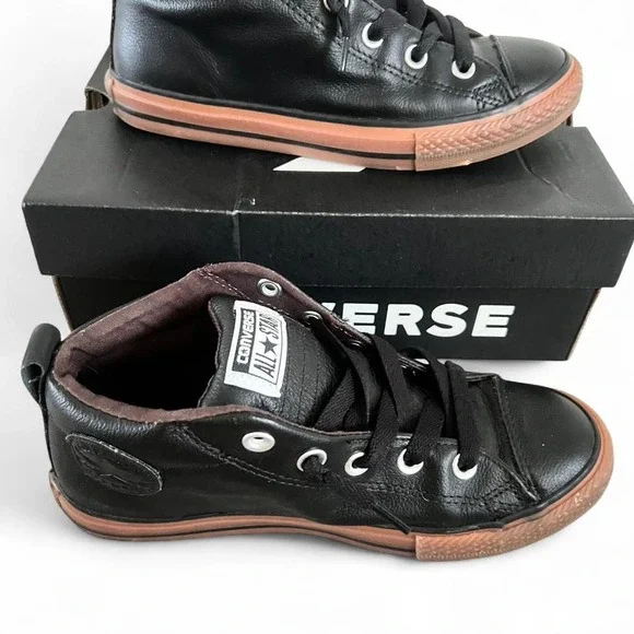 Converse All Star Kids Black Leather High Top‎ Sneakers Youth Size 4