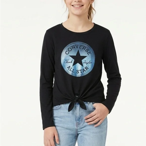 Converse Girls Black Long Sleeve Front Tie Graphic Logo Top 12/14 XL
