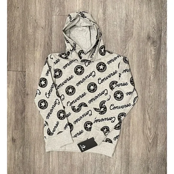 Converse Hoodie Sweatshirt Youth Medium All Over Print Gray Black Pullover NEW‎