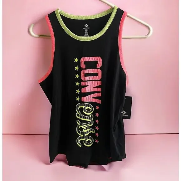 Converse girls black tank‎ top w/ neon yellow & pink size XL stars sporty