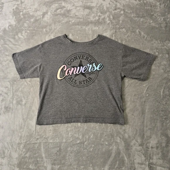 Converse All Star Gray Holographic Logo Crop Top T-Shirt Size L KIDS
