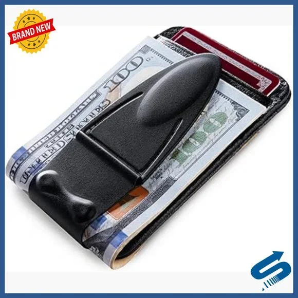 Black Matte Money Clip with RFID Wallet, Slim Leather Organizer