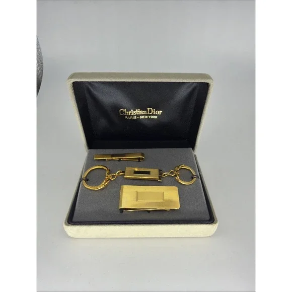 Vintage Christian Dior Accessory Kit Money Clip Tie Bar Keychain Gold Tone Set