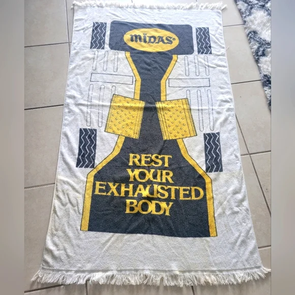 Vintage Midas Beach Towel Cars Muffler Promo 80s Cotton Racing Tires Advertising