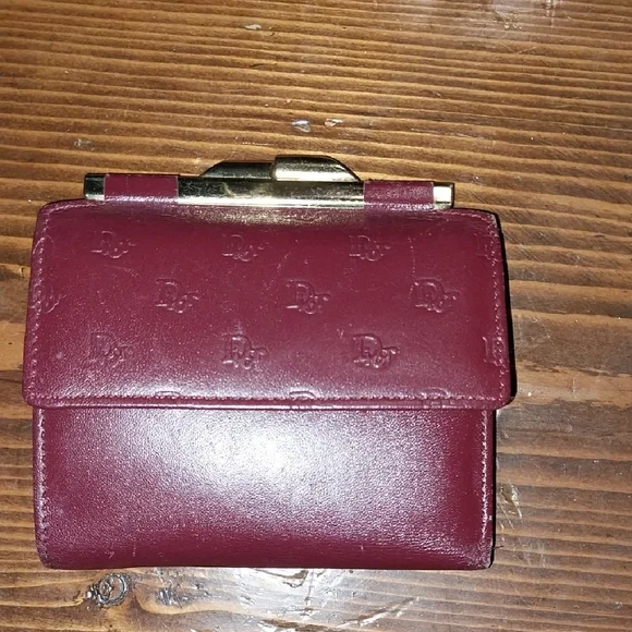 Vintage Dior Burgundy Leather Compact Wallet with Gold-Tone Clasp