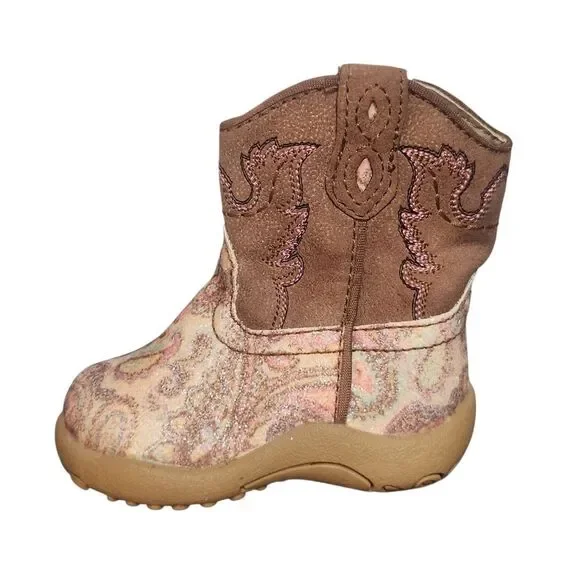 Roper Newborn Size 2 Soft Cowboy Boots Brown Yellow Paisley Side Zip Shoes
