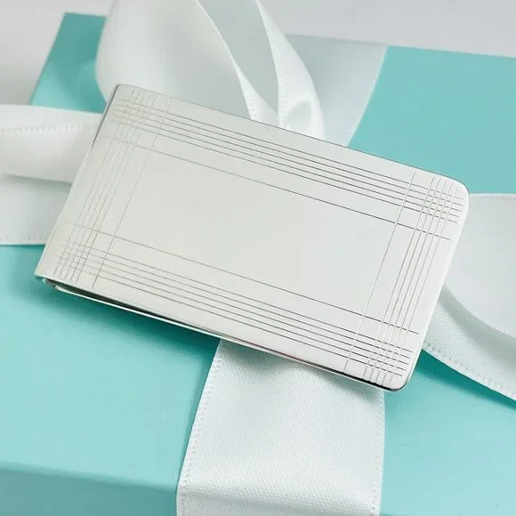 Tiffany & Co Machine Turned Pin Stripe Engravable ID Money Clip in Silver