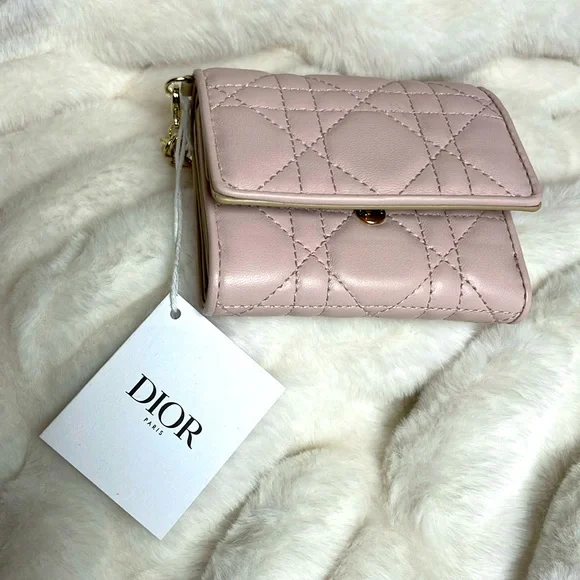 DIOR LADY DIOR CANNAGE LOTUS TRIFOLD WALLET NWT with COA below retail