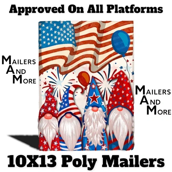 25 10X13 Poly Mailers Patriotic Gnomes USA American Flag