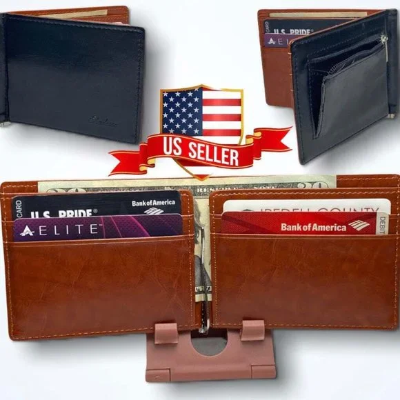Men’s Money Clip Coin Pocket Card Slots Metal Clamp Wallet