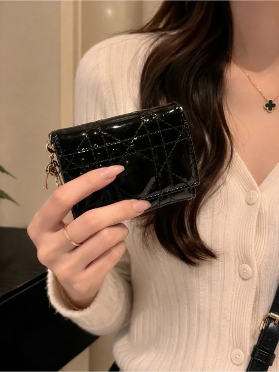 Authentic Christian Dior mini lady Dior cannage Patent Wallet w/ certificate