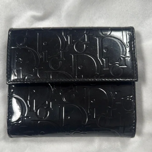 Dior Black Embossed Patent Leather Compact Wallet