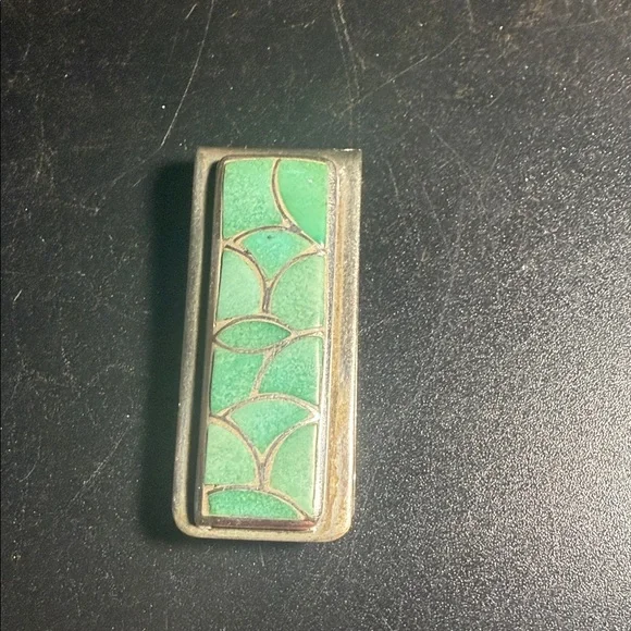 handmade Zuni sterling silver money clip with inlaid turquoise.