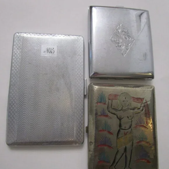 3 Metal Cigarette Card Cases Silverplate Vintage India Yoga Bollywood England