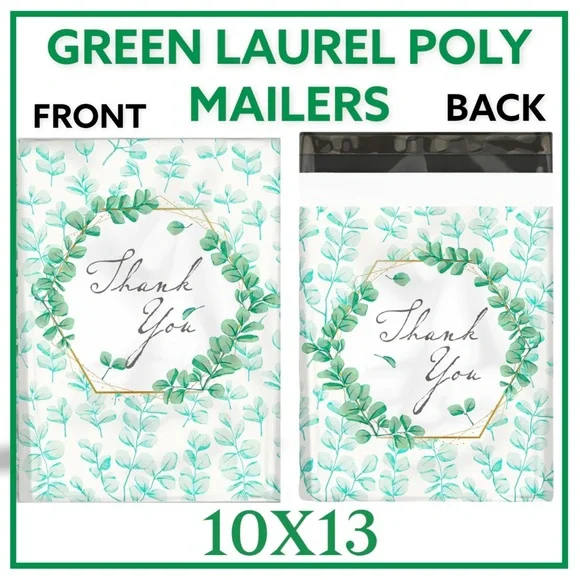 25 10X13 Poly Mailers Green Laurel Thank You Flat Shipping Envelopes