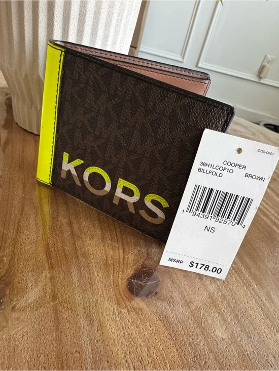 Michael Kors Brown Wallet with Neon Yellow Accent and KORS Logo