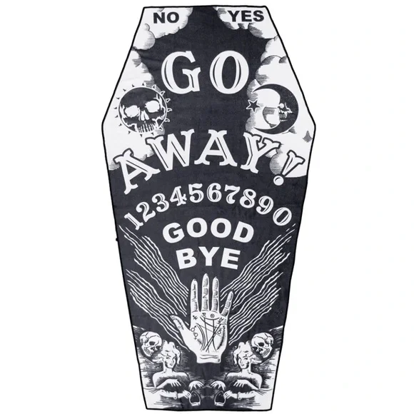 Go Away Ouija Board Coffin Beach Towel White and Black NWT