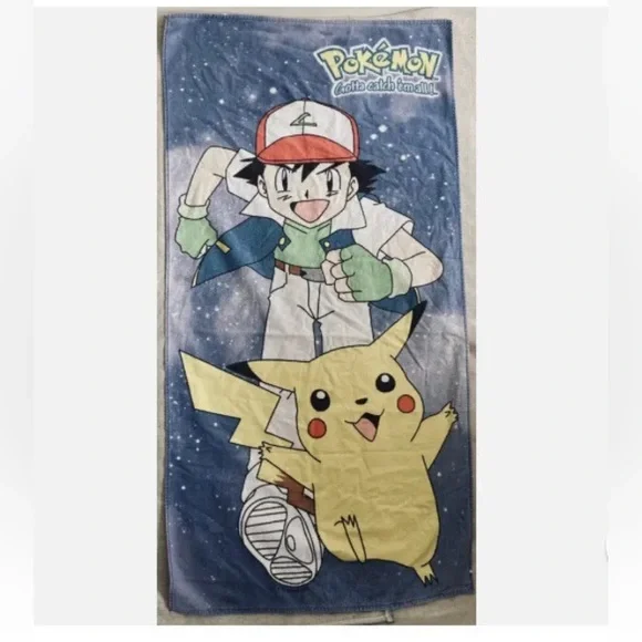 Vintage Pokémon Bath Beach Towel Pikachu Ash Video Gamer Gotta Catch 54”x 28”