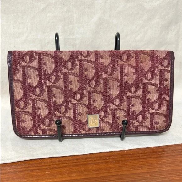 Dior Burgundy and Beige Logo Jacquard Wallet