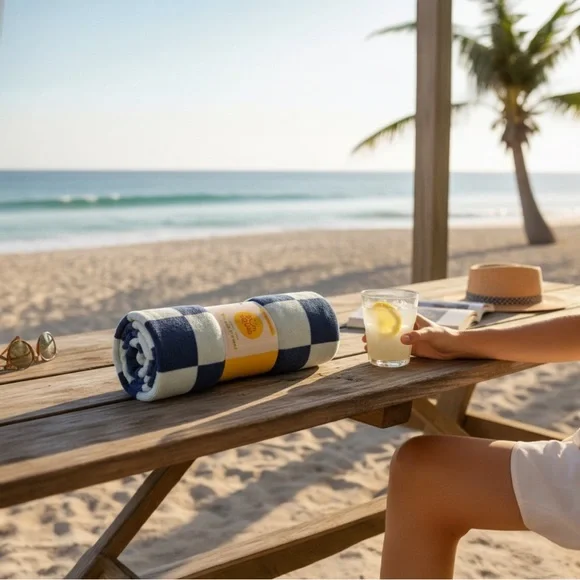 Sun Squad Travel-Size Beach Towel - Navy & Cream Checker